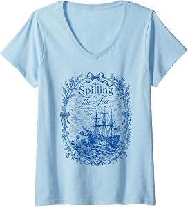 Women's Blue Toile Spilling The Tea Since 1773 Party History Pun V-Neck T-Shirt
