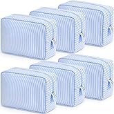 Sanwuta 6 Seersucker Cosmetic Bag Bulk Pinstripe Makeup Bag for Women Aesthetic Cute Travel Toiletry Organizer Preppy Storage Pouch for Wedding Bridesmaid Christmas Gift (Large,Light Blue)