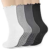 4 Pairs Grip Pilates Socks for Women Yoga Scrunch Slouch Non Slip Long Socks with Grippy Pilates Barre Workout Slipper 5-9