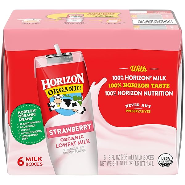 HORIZON ORGANIC SHELF STABLE 1% LOWFAT STRAWBERRY MILK BOXES, PACK OF 6 – 8G PROTEIN PER SERVING