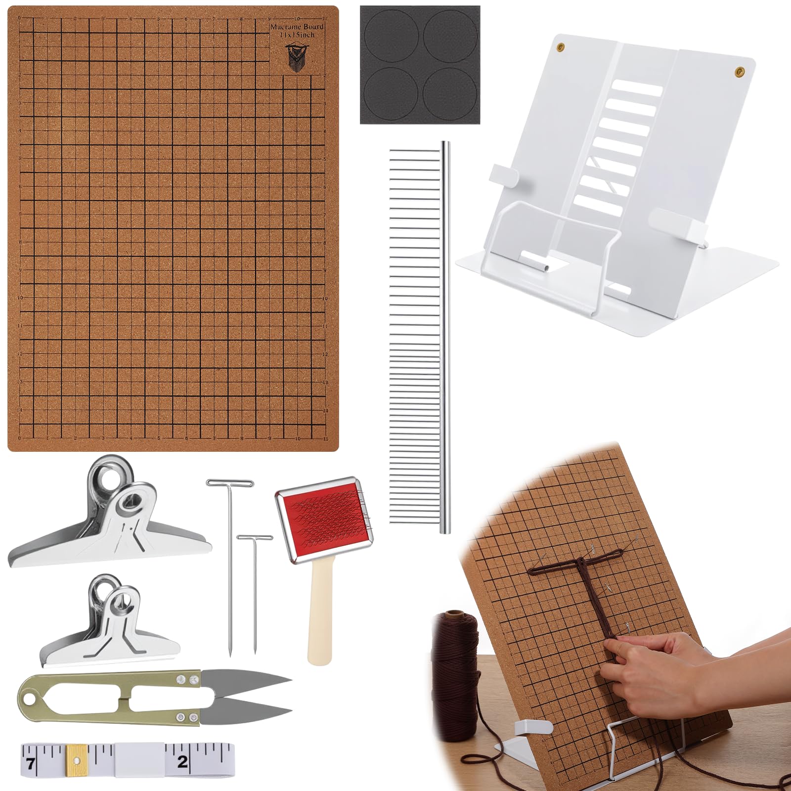 Photo 1 of **SELLING FOR PARTS---cork mat ONLY.**108 Pcs Macrame Tools and Supplies Include Macrame Board, Adjustable Holder with 100 T Shaped Pins, Double Sided Grids, Bracelet Making Board with Brush, Scissor Ruler for Braiding Bracelet Creating