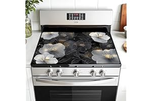 AOHMPT Multi-Design Stove Top Cove for Glass/Electric Stoves - 3-in-1 Heat-Resistant Protector Mat, Non-Slip Drying Rack 28"x20" (White Flowers, 28" L x 20" W)