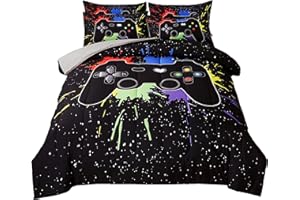 akkialla Gamer Comforter Sets Queen Size for Boys Teen,Game Controller Colorful Comforter with 2 Pillowcases, 3 Piece Video Gaming Bedding Set for Game Lovers,All Season(Black,Queen)
