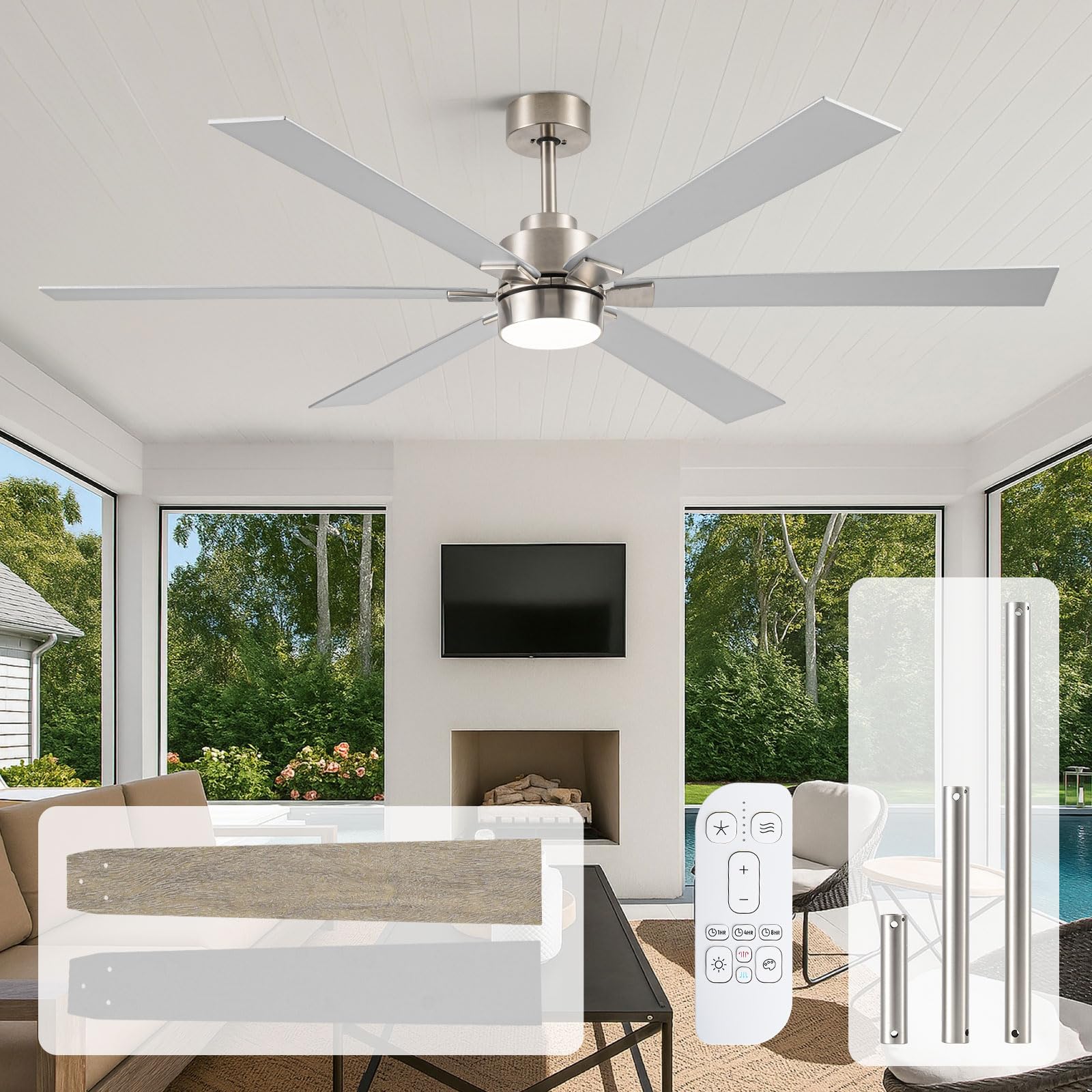 Photo 1 of Outdoor Ceiling Fans for Patios with Light, 66 inch Large Ceiling Fans with Lights, Modern Indoor Exterior Large Airflow Commercial Ceiling Fan for Gazebo Porch Garage, Dual Finish-Nickel & Oak Gray