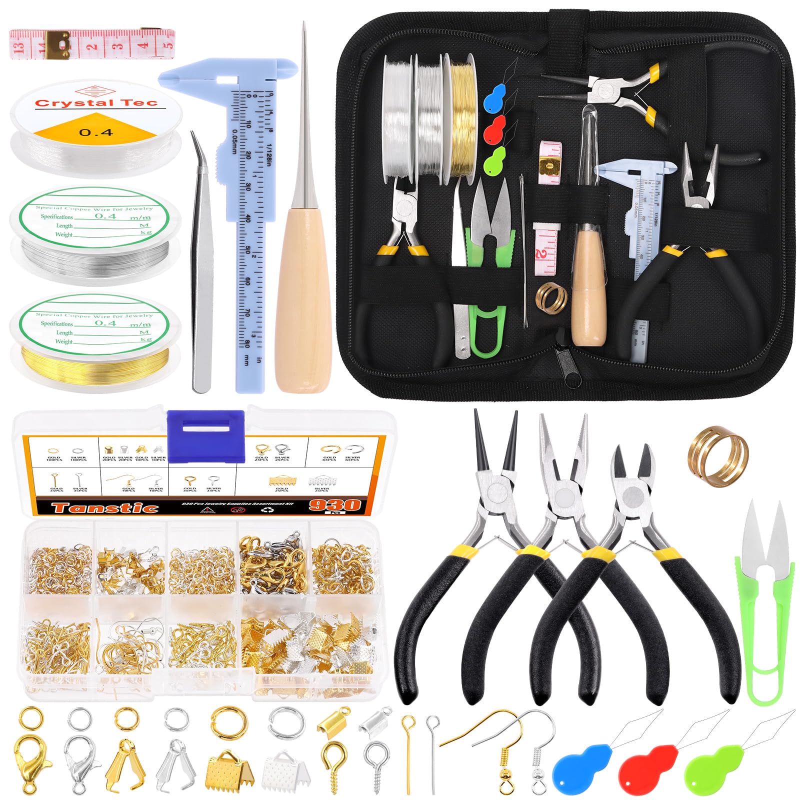 Tanstic 951Pcs Jewelry Making Supplies Kit, Jewelry Making Kit with Tools, Pliers, Wires, Jump Rings Findings and Storage Bag for Beading