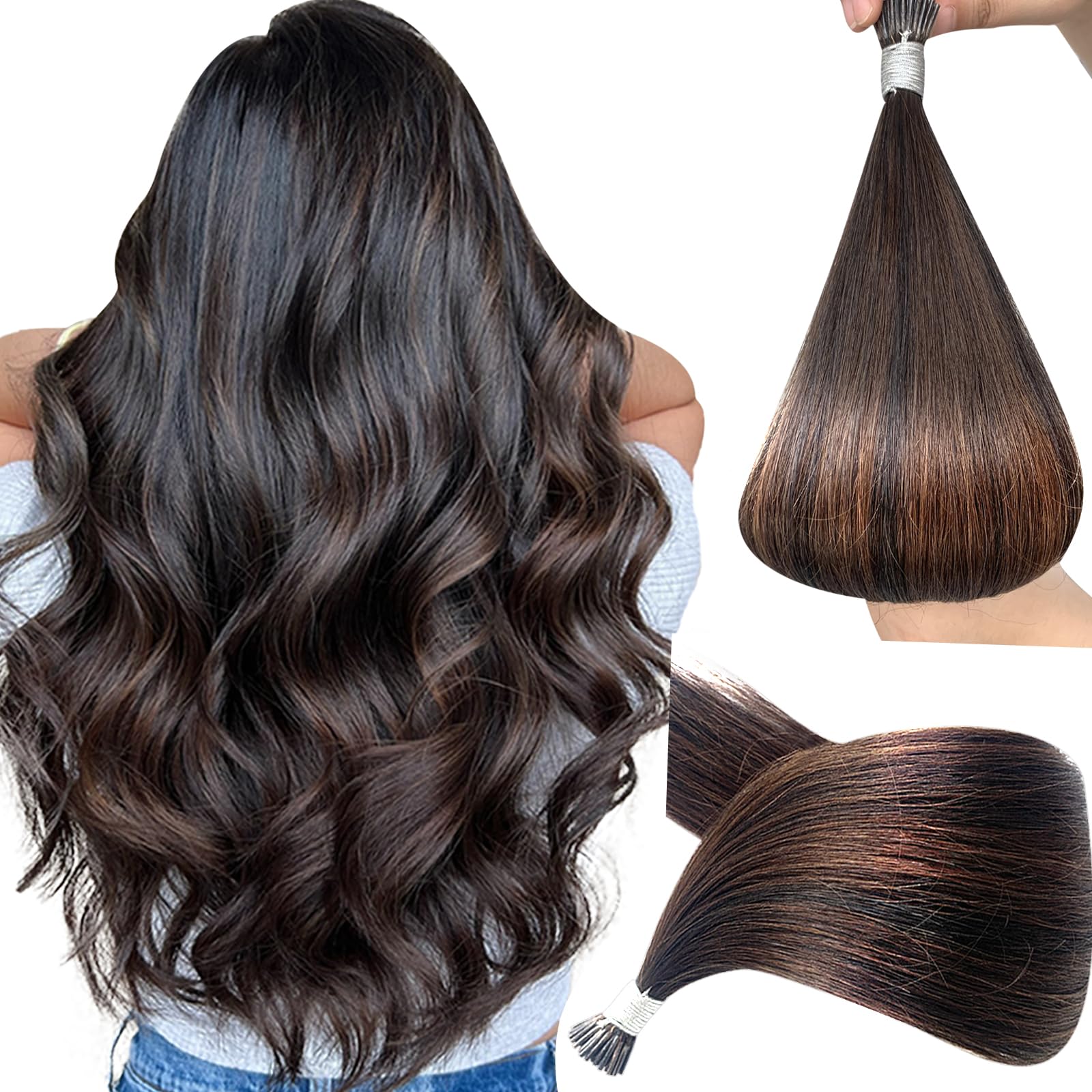 Photo 1 of I Tip Hair Extensions Human Hair Remy Black Mix Chocolate Brown 18 inch Pre Bonded Invisible I Tip Hair Extensions Straight Stick 50G 60S