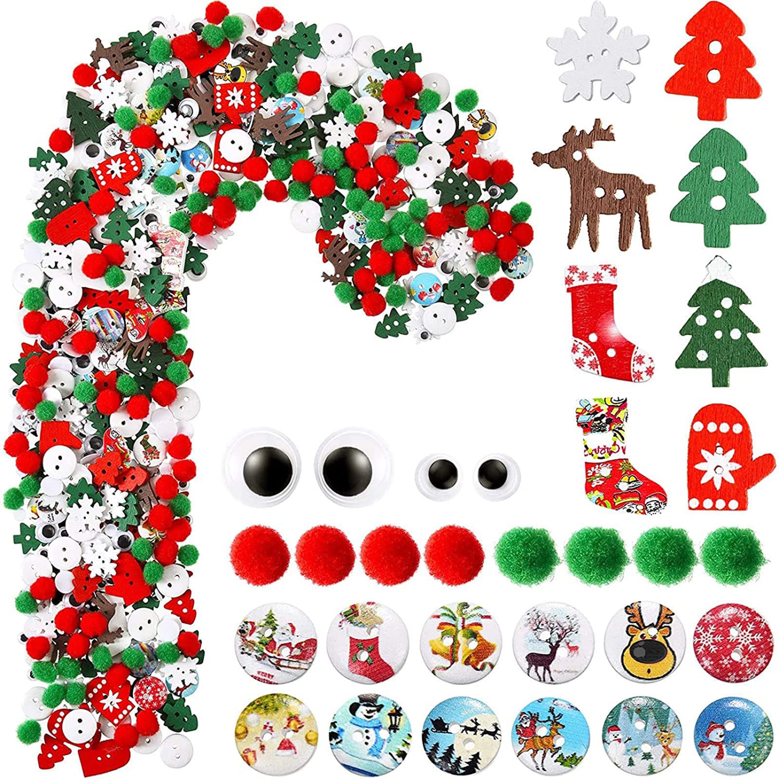 500 Pieces Christmas Embellishments Mix Wood Buttons Pom Pom Ball Wiggle Eyes Ornaments Assorted Styles for DIY Craft Sewing Decoration Accessories