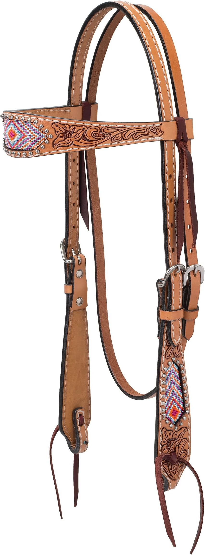 Turquoise Cross Pink Beaded 5/8" Brow Band Headstall, Light Oil