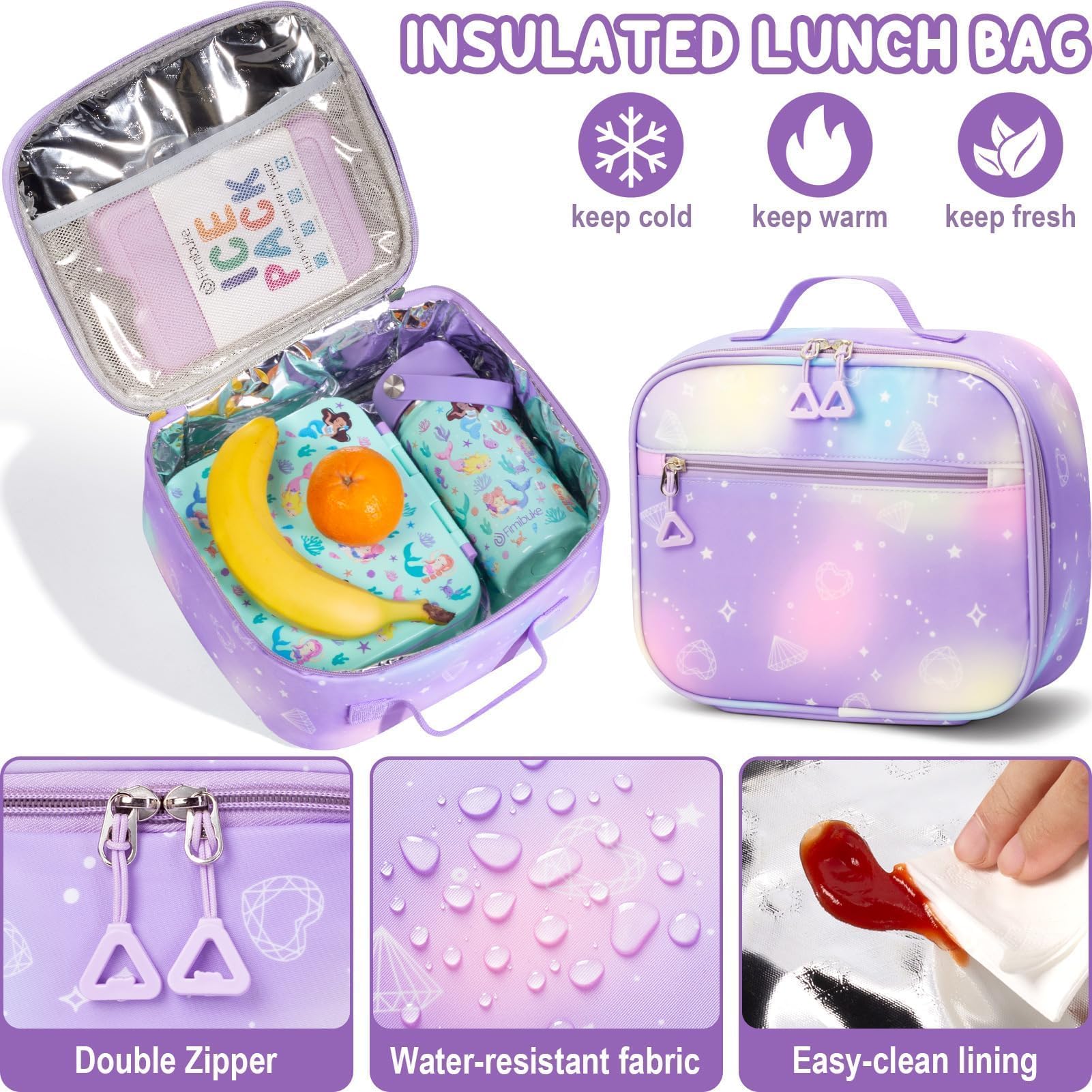 Fimibuke Kids Backpack for School Girls, 3Pcs Waterproof Girls Backpack with Lunch Box & Pencil Pouch - Lightweight Bookbag for Elementary Middle School Student Teens Ages 6+ Purple