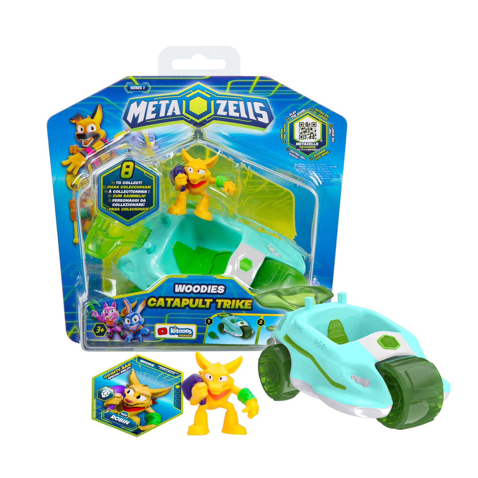 METAZELLS Catapult-Trike Blue + Figure Character Robbin S1 + 1 Card, Vehicle That Shoots an Explosive Acorn, Toy Gift for Boys and Girls + 3 Years