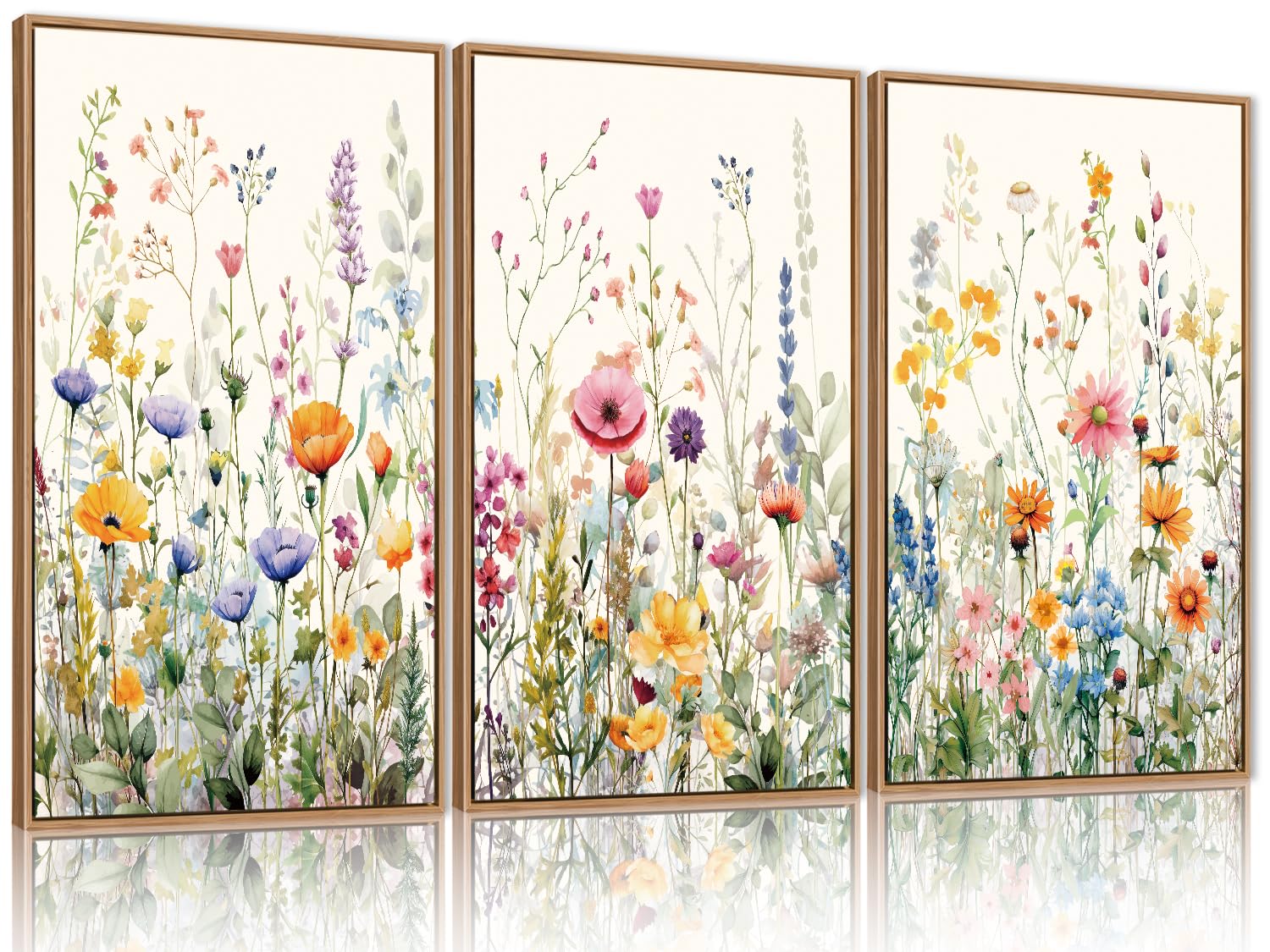 Photo 1 of (USED/FAIR) FWIEXA Floral Canvas Wall Art, Framed Wildflower Pictures Wall Decor, Large Flower Prints, Colorful Botanical Artwork, Watercolor Painting 3 Panel 16x24 Inches for Living Room, Bedroom, Office, Home