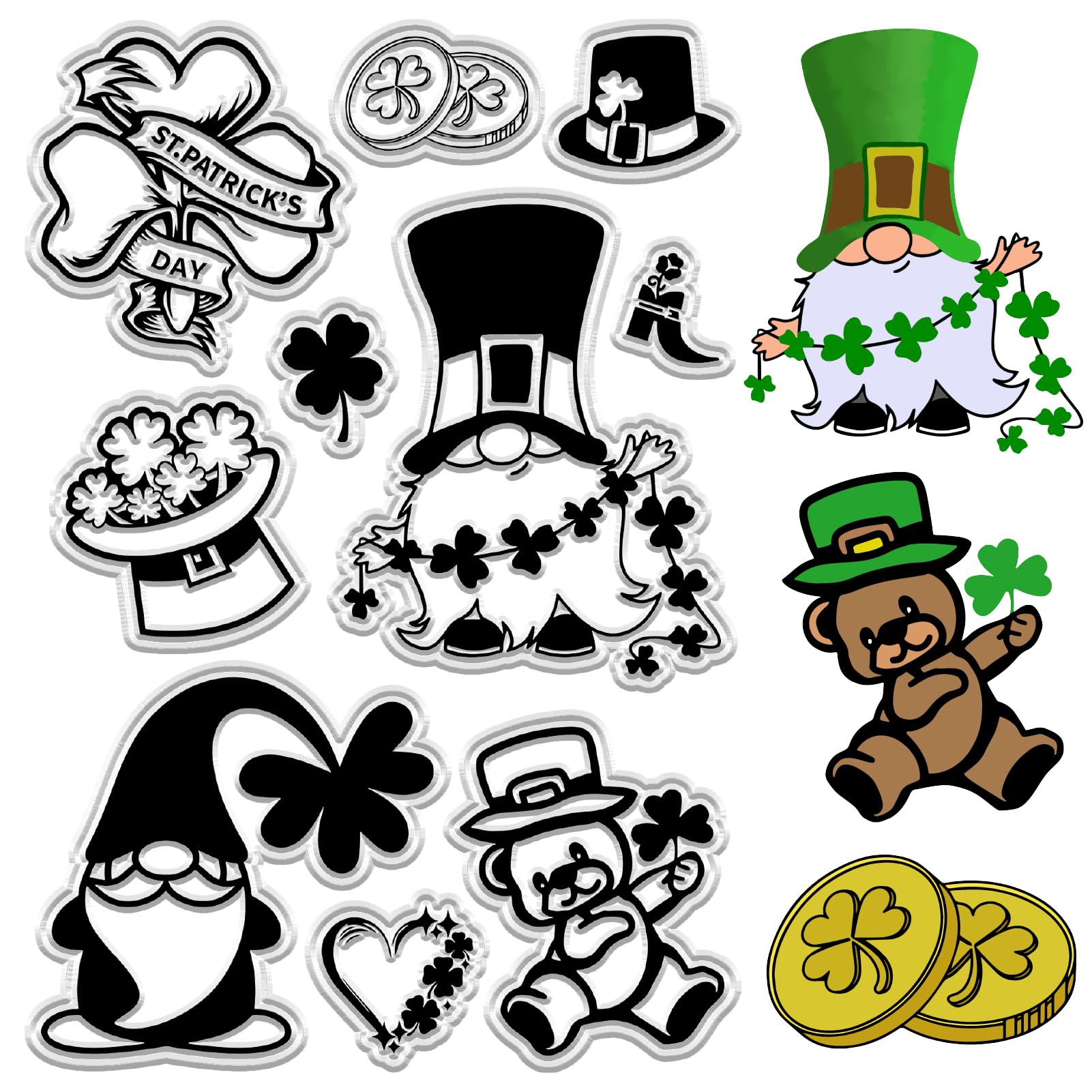 CRASPIRE Saint Patrick's Day Clear Rubber Stamps Four Leaf Clover Gnome Silicone Stamp Seal Transparent Silicone Stamps for Card Making DIY Scrapbooking Cards Making Photo Album Decorative
