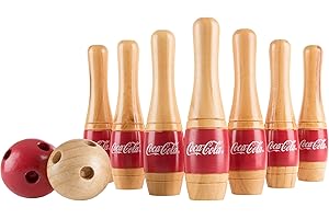 COCA-COLA Hey!Play! Lawn Bowling Game/Skittle Ball- Indoor/Outdoor Fun for Kids, Adults -10 Wooden Pins, 2 Balls & Mesh Bag Set