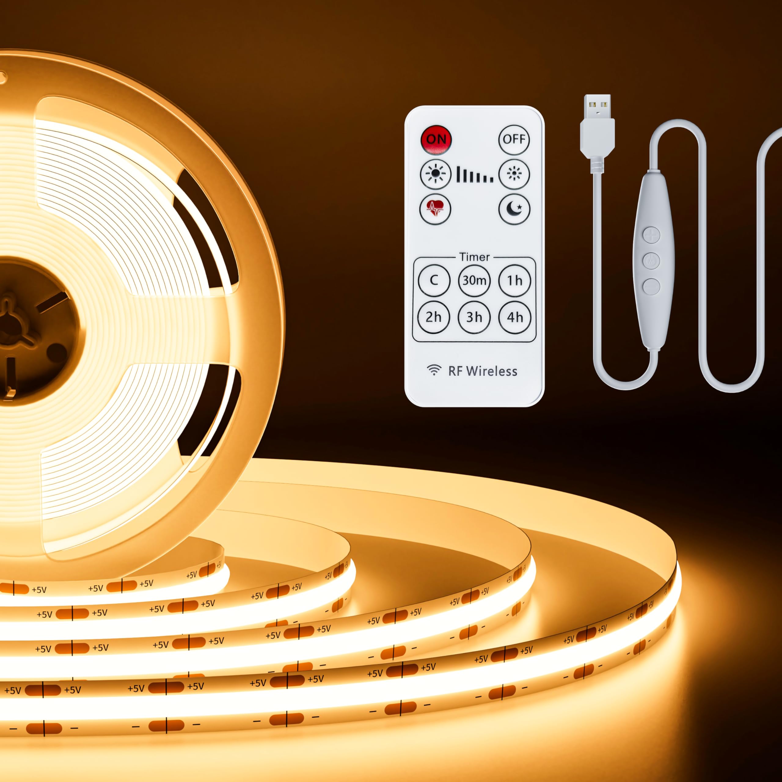 Photo 1 of PAUTIX 5V USB COB LED Strip Light 6.56ft/2m 1200lm, Dimmable 640LEDs 2700K Warm White CRI90+ with RF Remote TV Backlight,Flexible Under Cabinet Tape Light for Bedroom,Kitchen,Home DIY Lighting