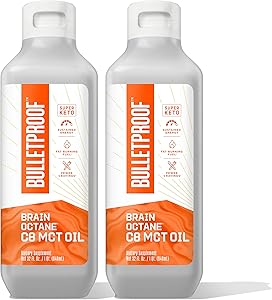 Brain Octane Premium C8 MCT Oil from Non-GMO Coconuts, 14g MCTs, 2 Pack 32 Fl Oz, Bulletproof Keto Supplement for Sustained Energy, Appetite Control, Physical Energy, Vegan & Cruelty Free