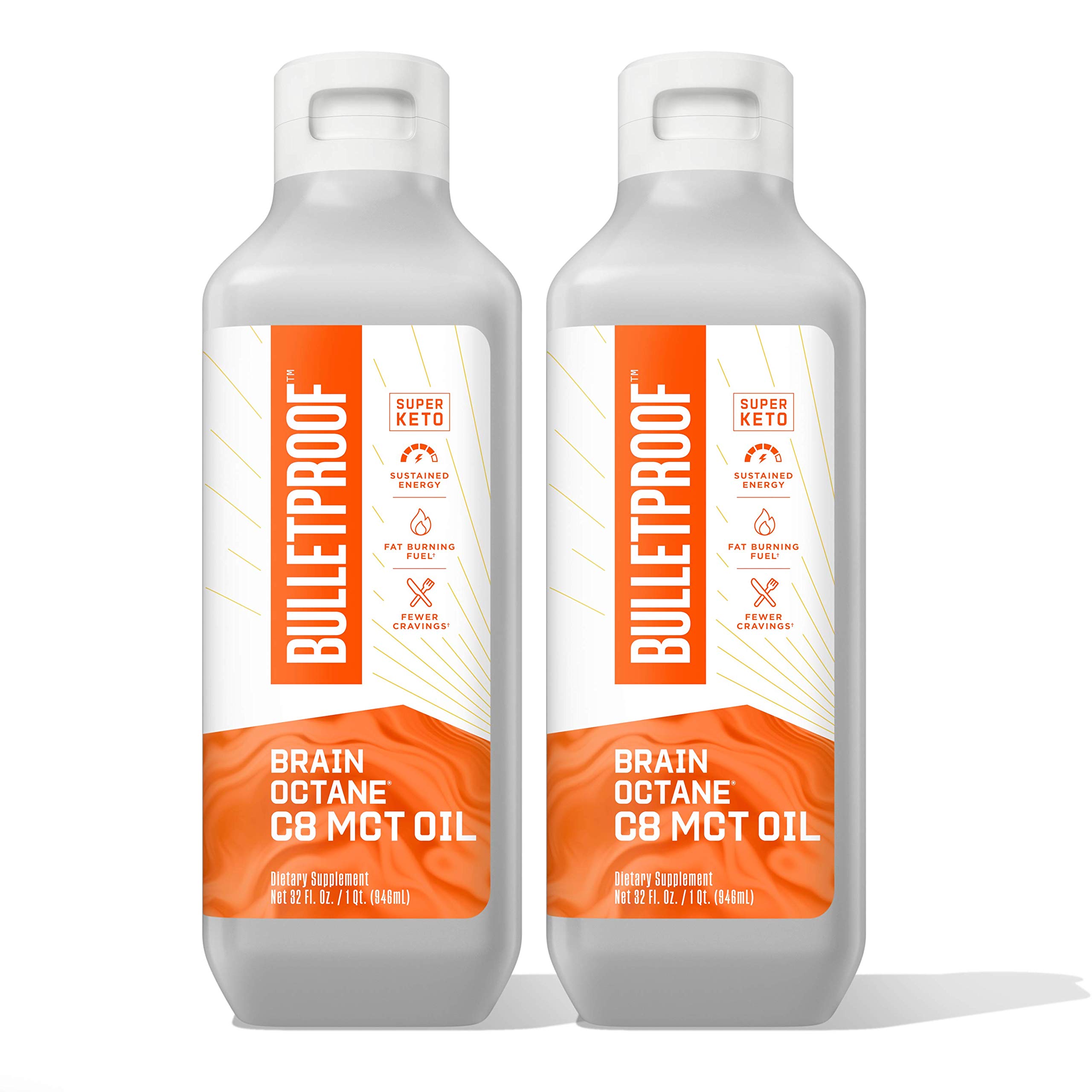 Brain Octane Premium C8 MCT Oil from Non-GMO Coconuts, 14g MCTs, 2 Pack 32 Fl Oz, Bulletproof Keto Supplement for Sustained Energy, Appetite Control, Physical Energy, Vegan &amp; Cruelty Free