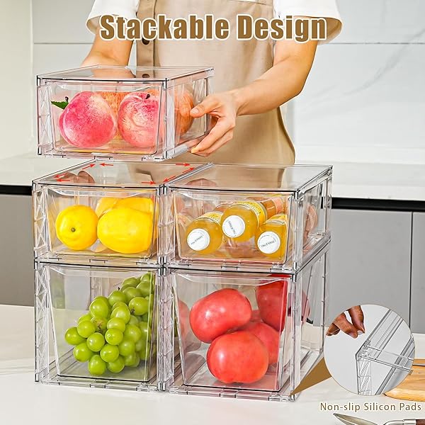 CLEMATE 6PACK STACKABLE KITCHEN STORAGE ORGANIZER, PANTRY ORGANIZERS AND STORAGE, CLEAR FOODS ORGANIZER BINS WITH HANDLES, EASILY ASSEMBLE FOR BATHROOM, KITCHEN, PANTRY, CABINET, CLOSET