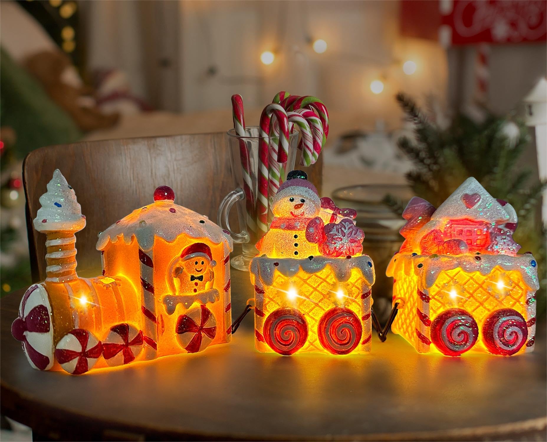 Photo 1 of Christmas Table Decorations Indoor Train, Candy Cane Christmas Decorations for Tabletop, Xmas Pink Lighted Centerpieces Table Decorations for Home Outdoor, Xmas Train Decor Figurines