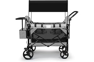 VOOI Stroller Wagon 4 Seater, Wagon for Kids, Collapsible W4 Stroller with Seats with 5-Point Harnesses, Easy Access Zipper Door, and Removable Sun Canopy (Grey, W4-Large)