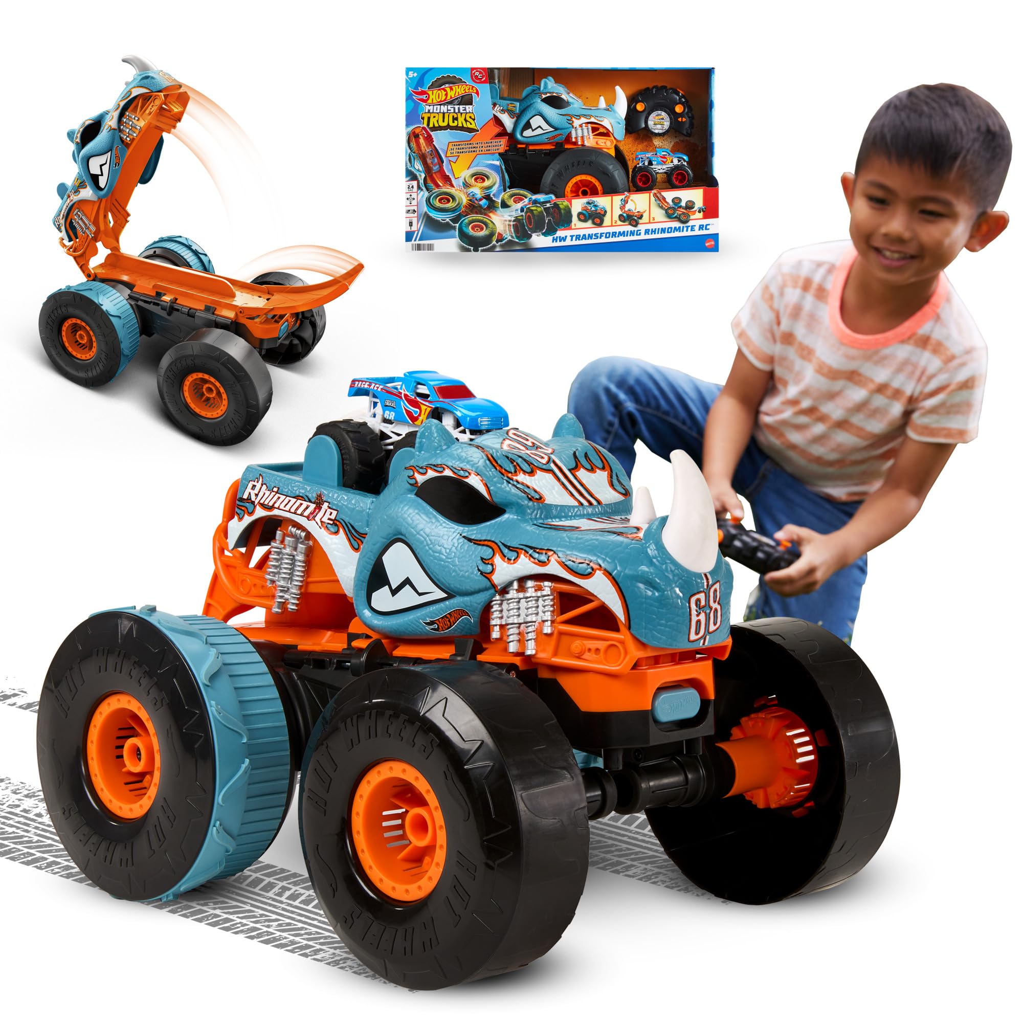 Hot Wheels Monster Trucks Remote Control Car, HW Transforming Rhinomite in 1:12 Scale with 1:64 Scale Race Ace Toy Truck, Converts into Launcher, Connects to Orange Track, HPK27