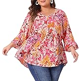 Agnes Orinda Plus Size Floral Blouses for Women V Neck Ruffle 3/4 Sleeve Babydoll Peplum Tops