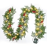 Christmas Garland Lights 6.56FT 40 LED Battery Operated Lighted Garlands with Timer Red Berry Pinecone Cypress Pine Garlands Wreath Christmas Decor for Mantel Stairs Porch Indoor Outdoor Home Decor
