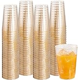 I00000 100 Pack 12 oz Gold Glitter Cups, Clear Disposable Cups, Gold Plastic Wine Glasses Cocktail Glasses Heavy Duty Cups, 12 Ounce Glitter Plastic Tumblers for Party