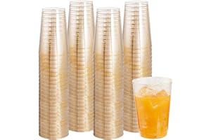 I00000 100 Pack 12 oz Gold Glitter Cups, Clear Disposable Cups, Gold Plastic Wine Glasses Cocktail Glasses Heavy Duty Cups, 12 Ounce Glitter Plastic Tumblers for Party