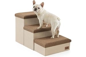 COZY KISS Dog Stairs with Storage, 3-Step Wider Sturdy Dog Steps for Small/Medium/Large Dogs and Older Cats, Folding Doggie Ramp for Bed/Couch/Car Hold Up to 180 lbs (16.7" H, Brown)