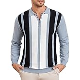 EDITCOZY Mens Knit Polo Shirts Vintage Striped Long Sleeve Quarter Zip Polo Sweater Pullover Shirts Golf Shirts