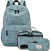Tanweibago Backpack for Girls Boy Teen Corduroy Bookbags Elementary Middle High School Women Laptop Bag with Lunch Box Pencil Bag (Smile Green)