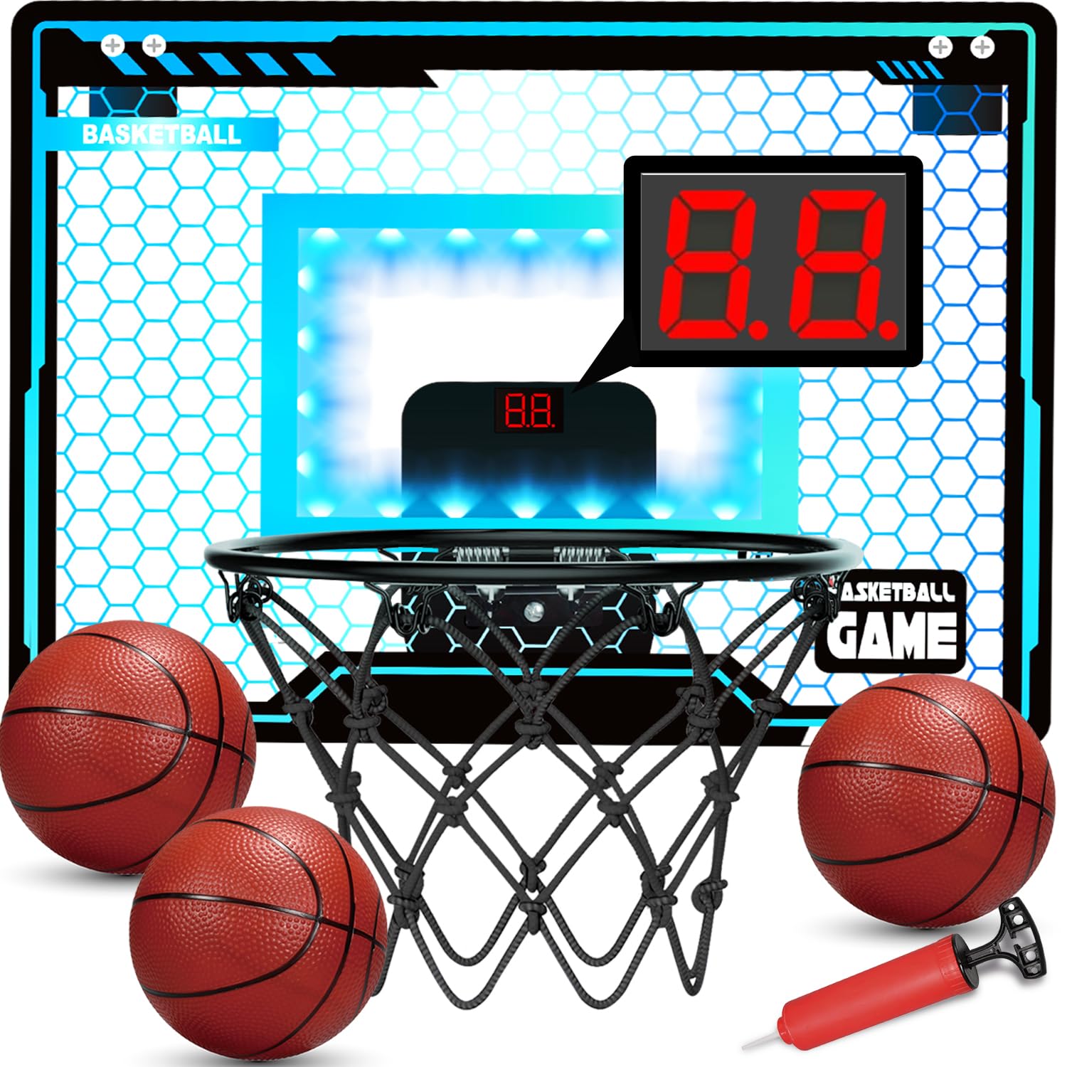 Basketball Hoop Indoor for Kids, Basketball Hoops Over The Door with LED Lighting, Mini Basketball Hoop with Scoreboard & 3 Balls, Basketball Toys Gifts for 5 6 7 8 9 10 11 12 Year Old Boys Girls