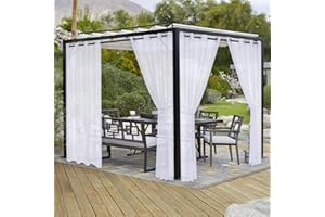 LORDTEX Burlap Linen Look Outdoor Curtains for Patio - 2 Panels Waterproof Sheer Curtains for Pergola, Porch, Cabana and Gazebo Grommet Indoor/Outdoor Voile Sheer Drapes (52 x 84 inch, White)
