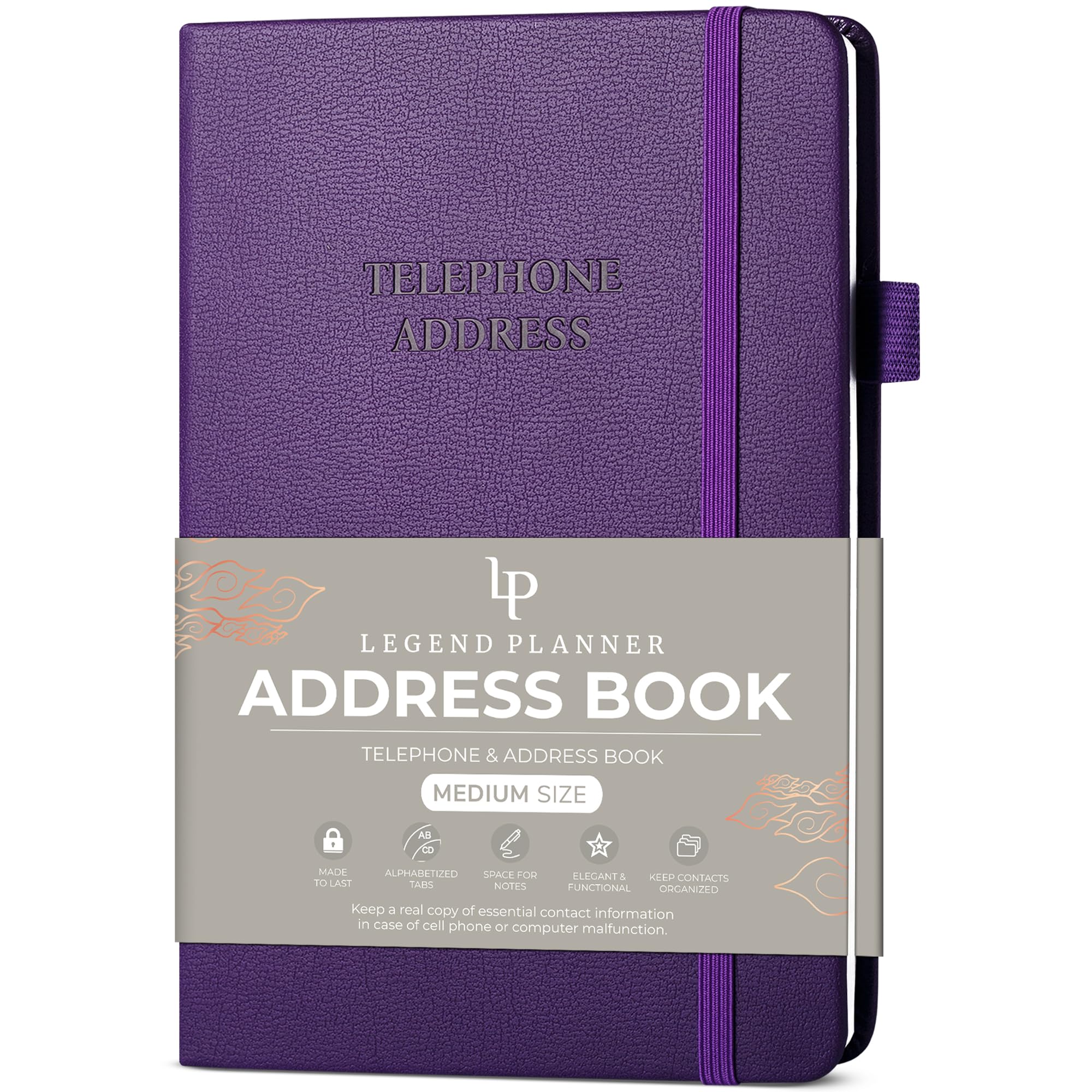 Legend Planner Address Book with Alphabetical Tabs –Telephone Contacts Book for Phone Numbers, Addresses, Passwords, Medium (Purple)