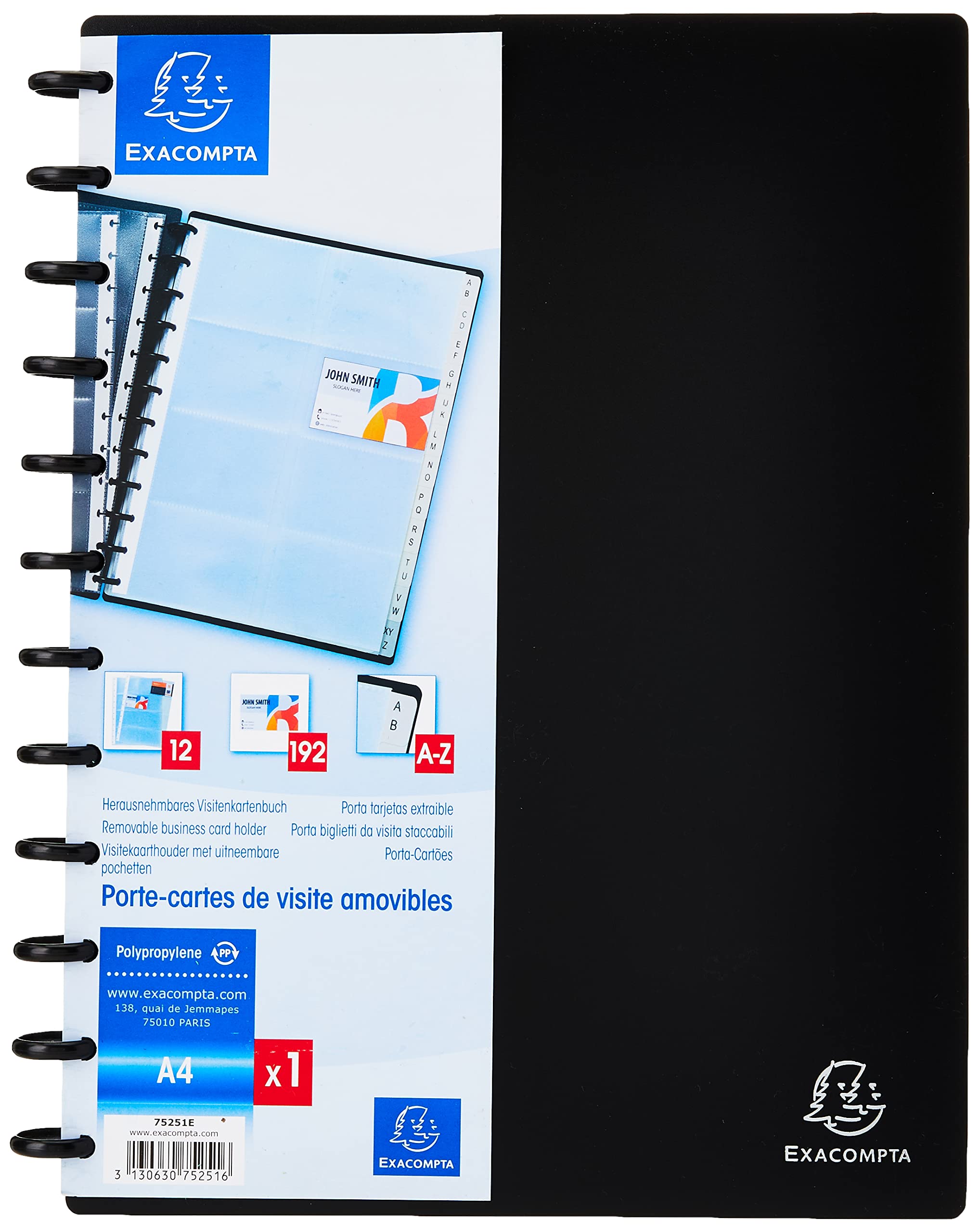 Exacompta - Ref 75251E - Opaque Business Card Holder - 245 x 310mm in Size, Removable Sheets, 0.12mm Polypropylene Pockets, Holds Up To 192 Cards - Black