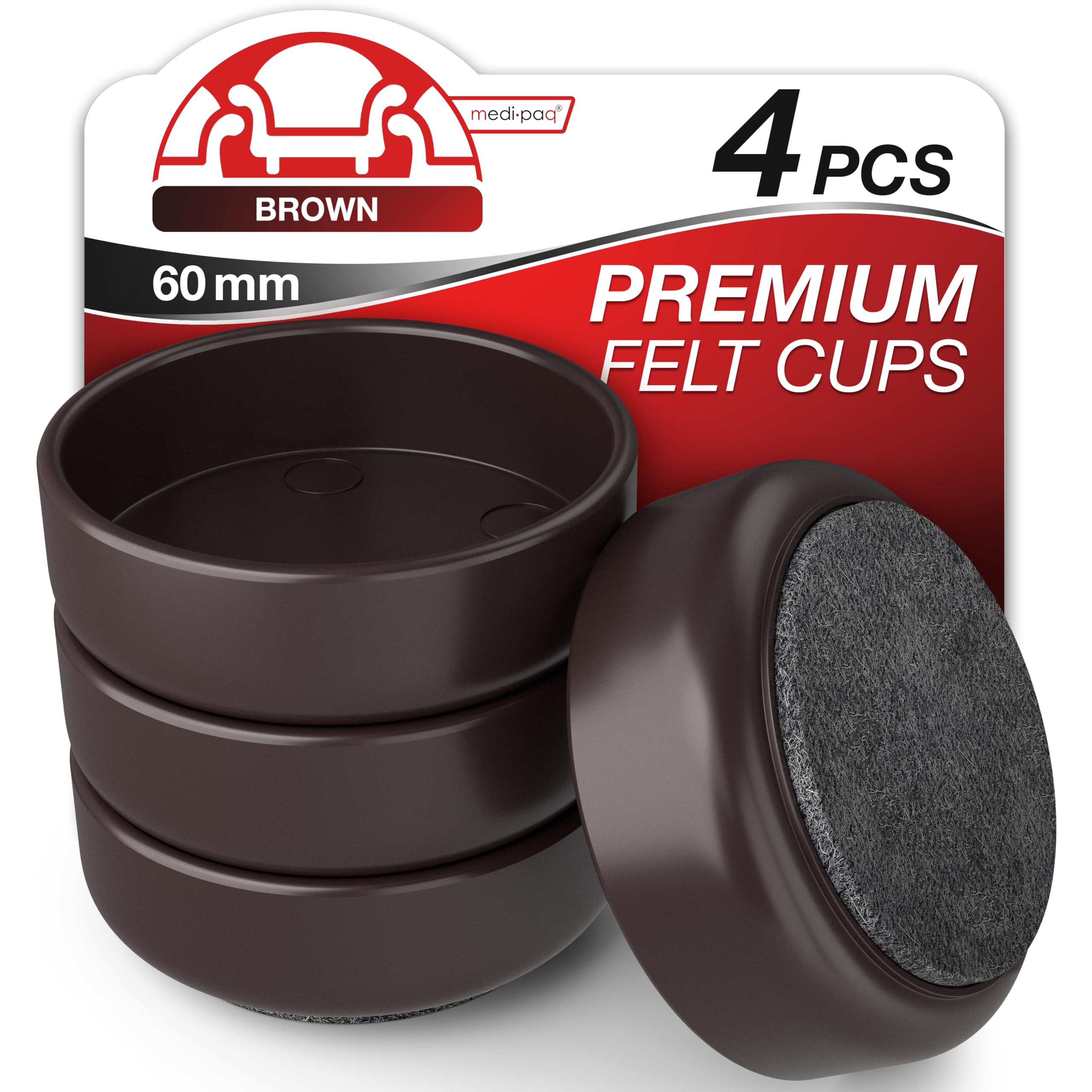 Medipaq Felt Castor Cups – 4x Large 60mm Solid Brown – Protects Wooden & Smooth Floors – Chair & Furniture Leg Protectors