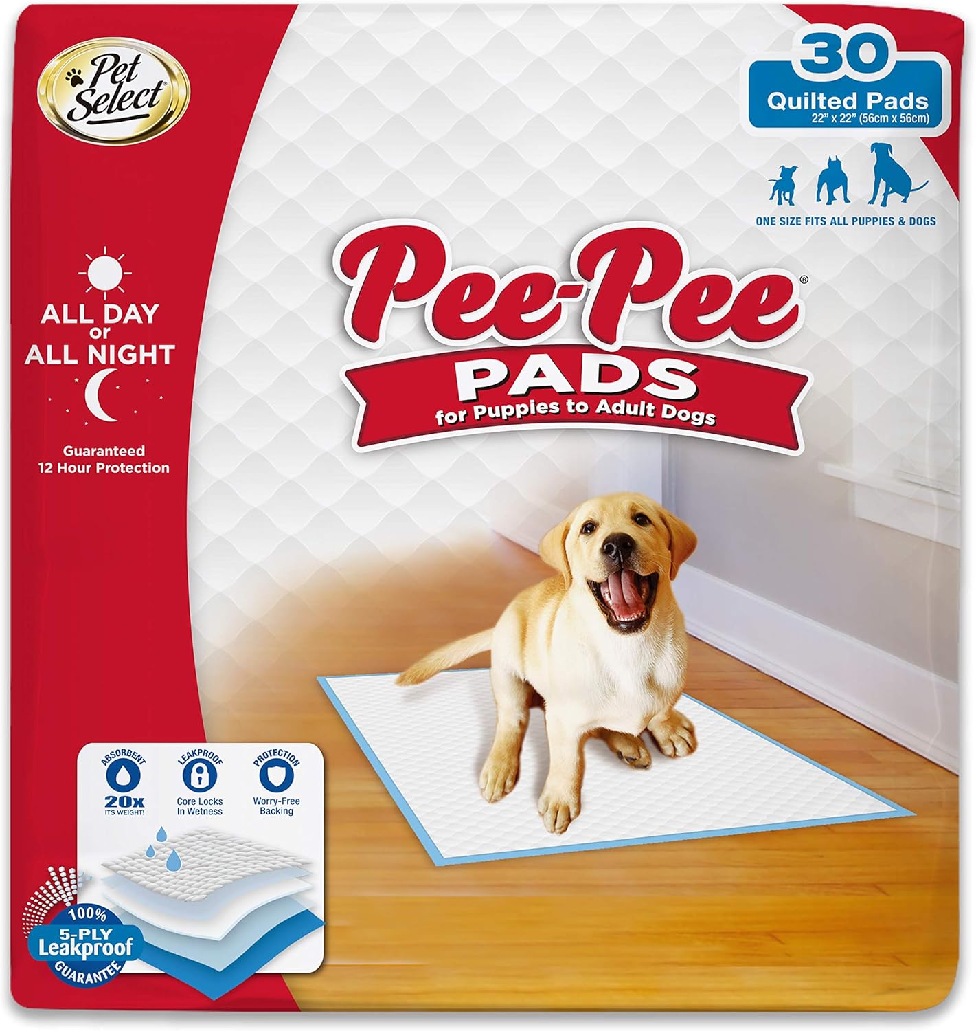 Pet Select PeePee Pet Training and Puppy Pads, 30 Count, 22" x 22