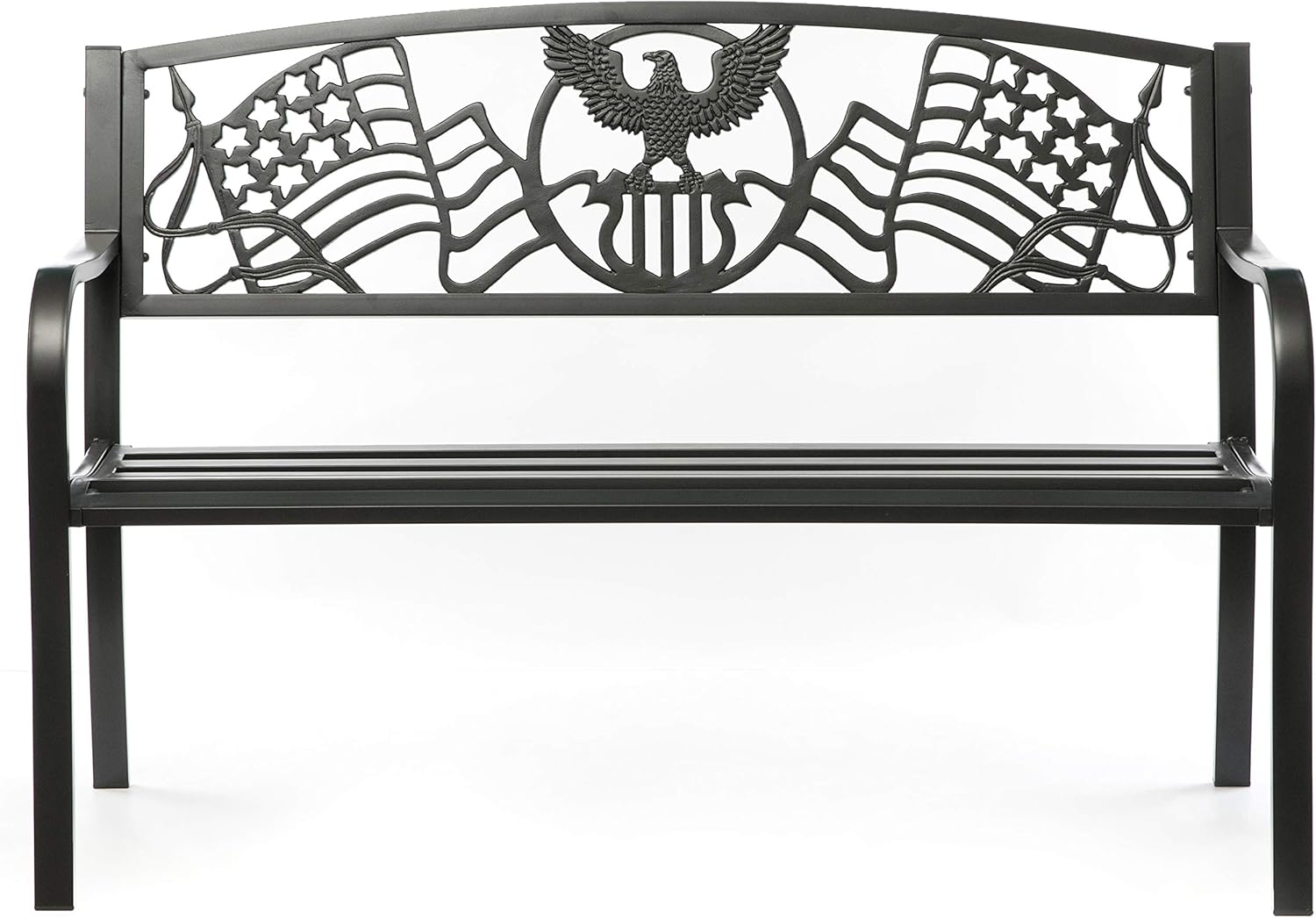Gardenised Steel Outdoor Patio Garden Park Bench with Cast Iron American Flag Backrest, Black: Furniture & Decor