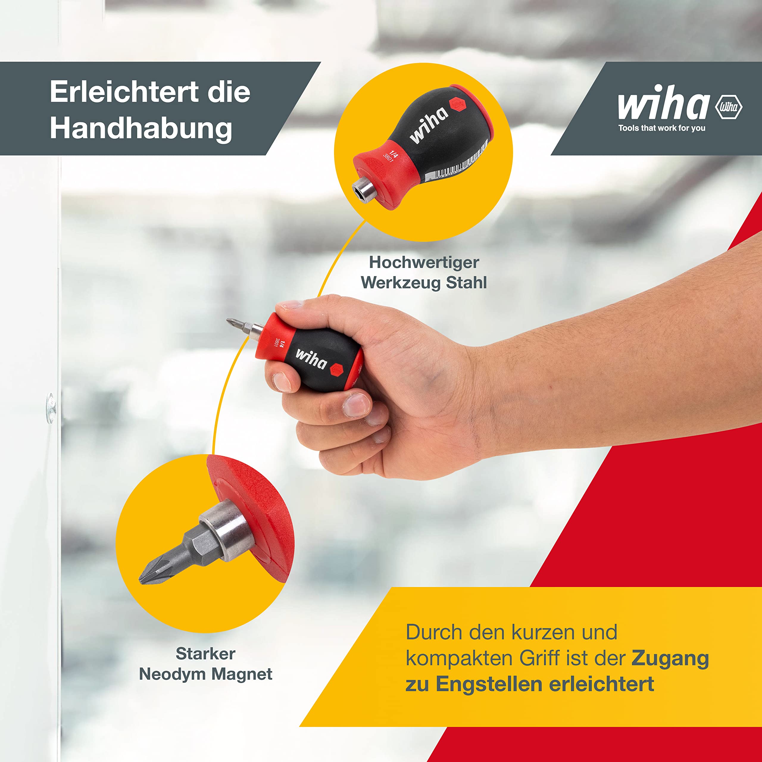 Wiha Schraubendreher Stubby mit Bit Magazin magnetisch (33736) I Schlitz, Kreuz I mit 6 Bits, 1/4" 4