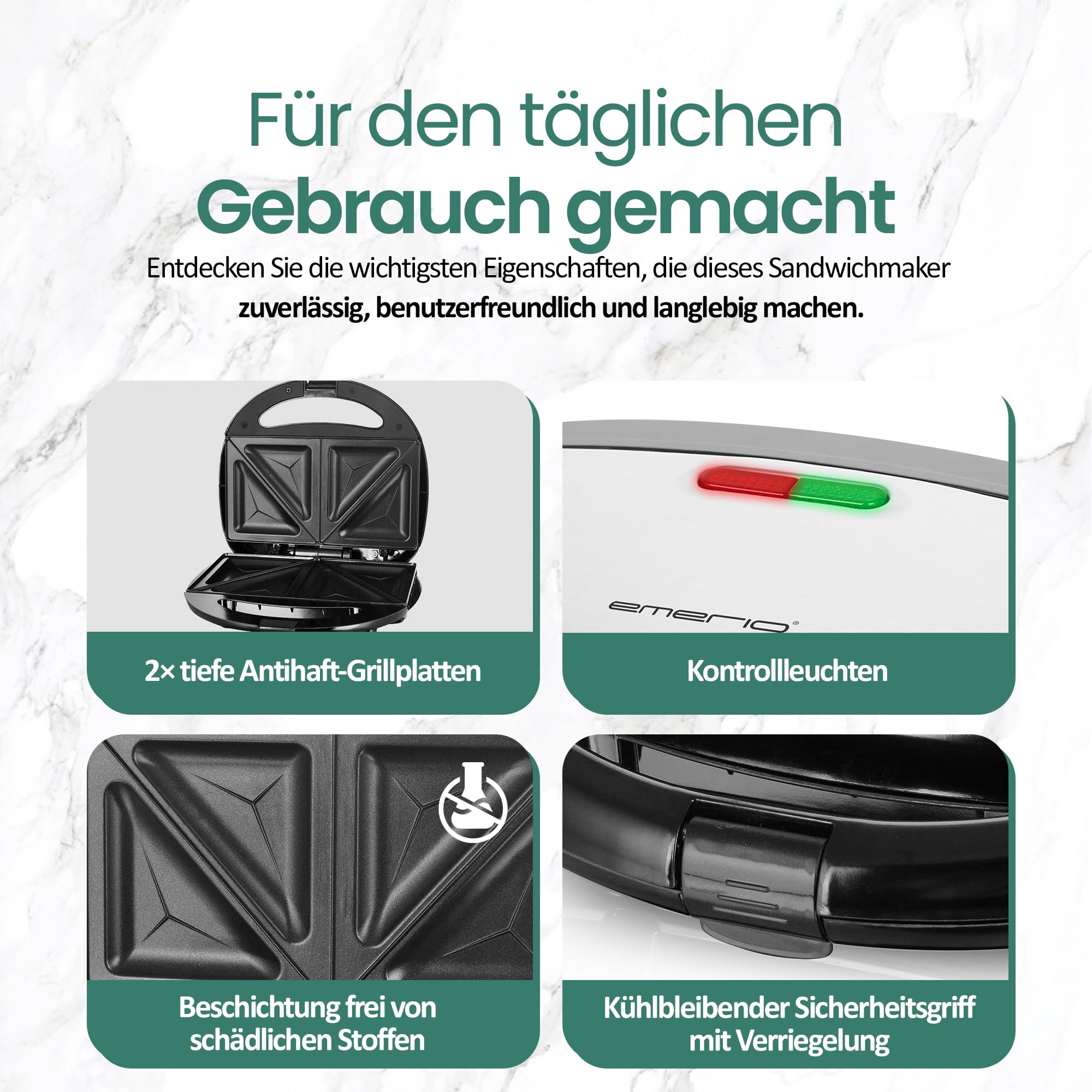 Emerio Doppel Sandwich Maker, BPA frei, klassische Form für dreieckiges Sandwich, leicht zu reinigen, Antihaftbeschichtung, heizt schnell auf, 750 Watt, Schwarz 2