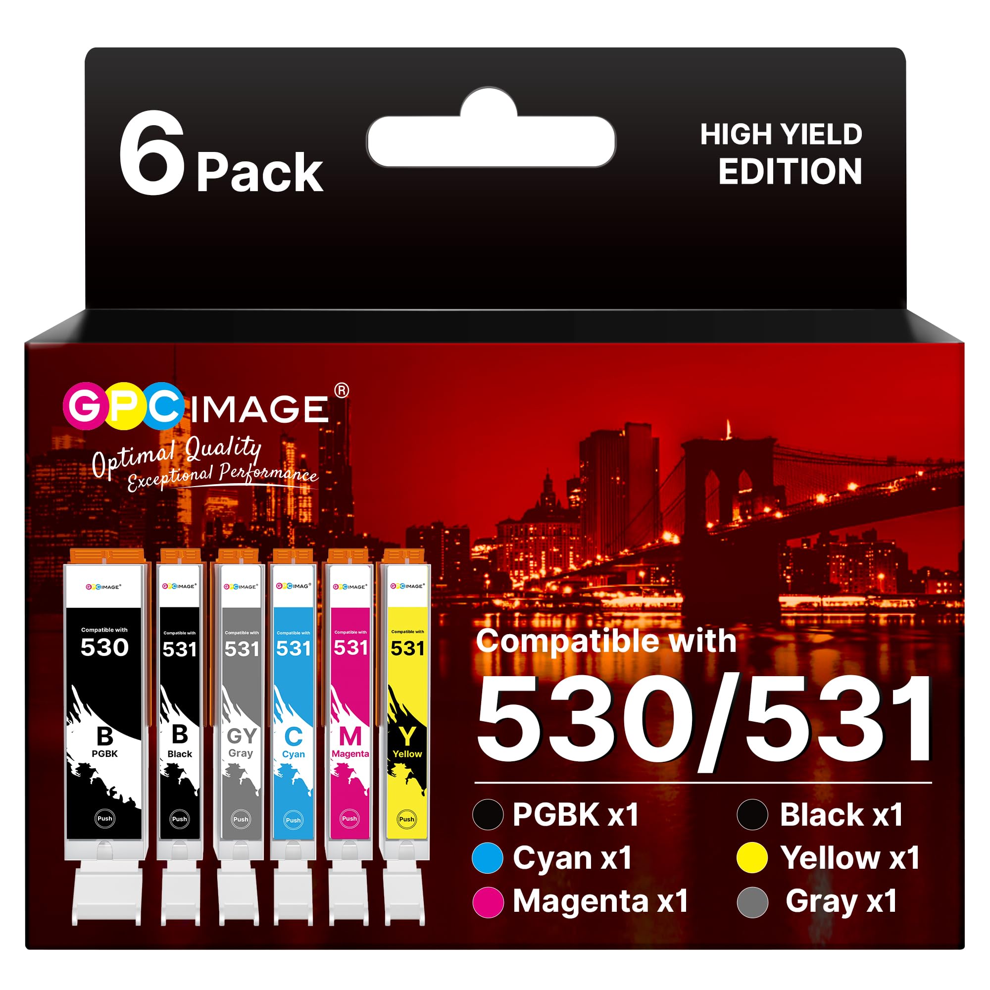 GPC Image PGI-530 CLI-531 Ink Cartridges Replacement for Canon Pixma TS8750 TS8751, Compatible for Canon 530 531 530XL 531XL 530XXL 531XXL Ink (6-Pack, PGBK/Black/Cyan/Magenta/Yellow/Grey)