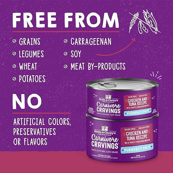 STELLA & CHEWY’S CARNIVORE CRAVINGS PURRFECT PATE CANS – GRAIN FREE, PROTEIN RICH WET CAT FOOD – CHICKEN & TUNA RECIPE – (2.8 OUNCE CANS, CASE OF 12)