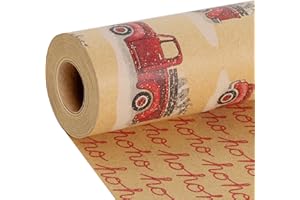 LaRibbons Reversible Kraft Vintage Christmas Wrapping Paper, Classic Truck & HOHOHO Text Design for Christmas, Party, Holiday, Celebration, 17 Inch X 33 Feet