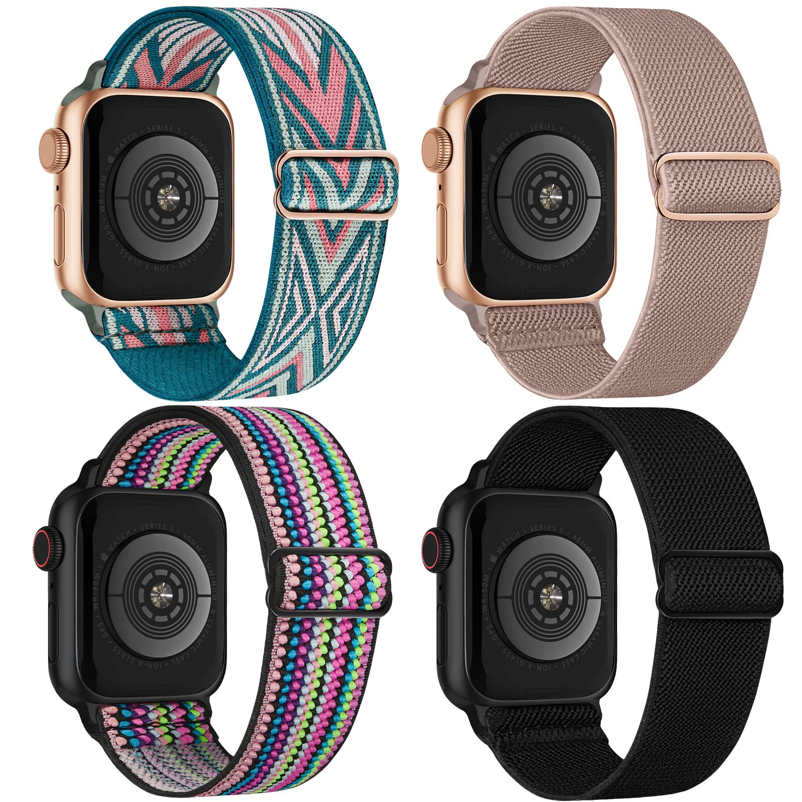 CCnutri 4 Pack Stretchy Nylon Strap Compatible with Apple Watch Straps 38mm 40mm 41mm 42mm(series 11 10), Adjustable Sport Elastic Bands for iWatch Series 11/10/9/8/7/6/5/4/3/2/1/Ultra3/2/1/SE3 — image 1