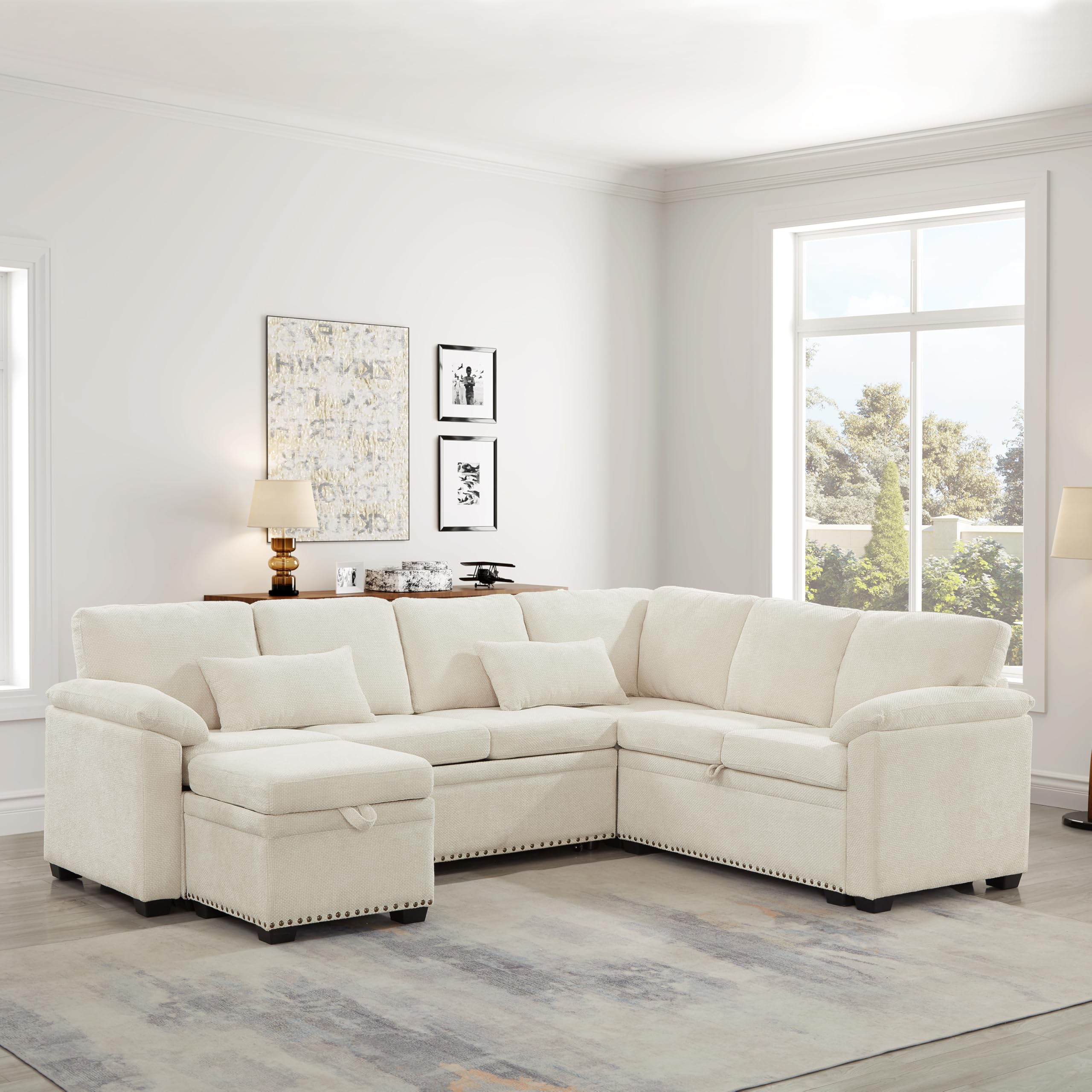 View 1 of **Box 3 of 4**KEIKI 97" L-Shaped Oversized Chenille Sectional Sofa with 1 Storage Ottoman, Pull-Out Bed, Upholstered Convertible 7-Seater Couch with Storage Seat, 2 Pillows, Easy Assembly, for Living Room, Beige
