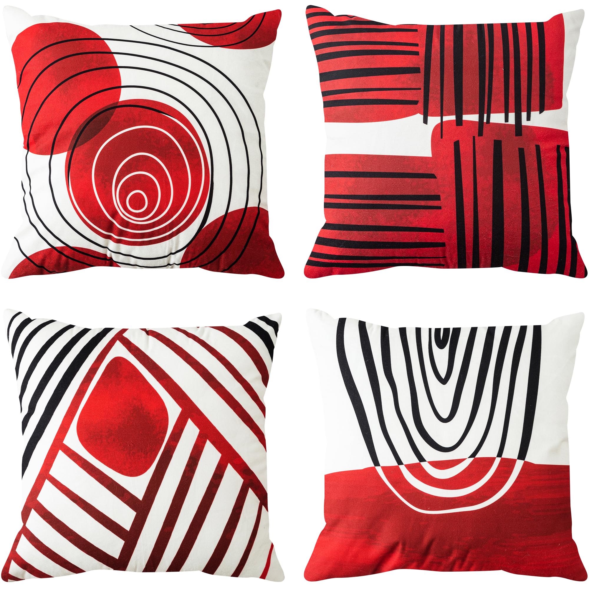 TOMMO Set of 4 Cushion Covers 45x45cm Mid Century Bohemian Red Black Abstract Geometric Decorative Pillow Cases Home Decor Standard Square 18x18 Inches
