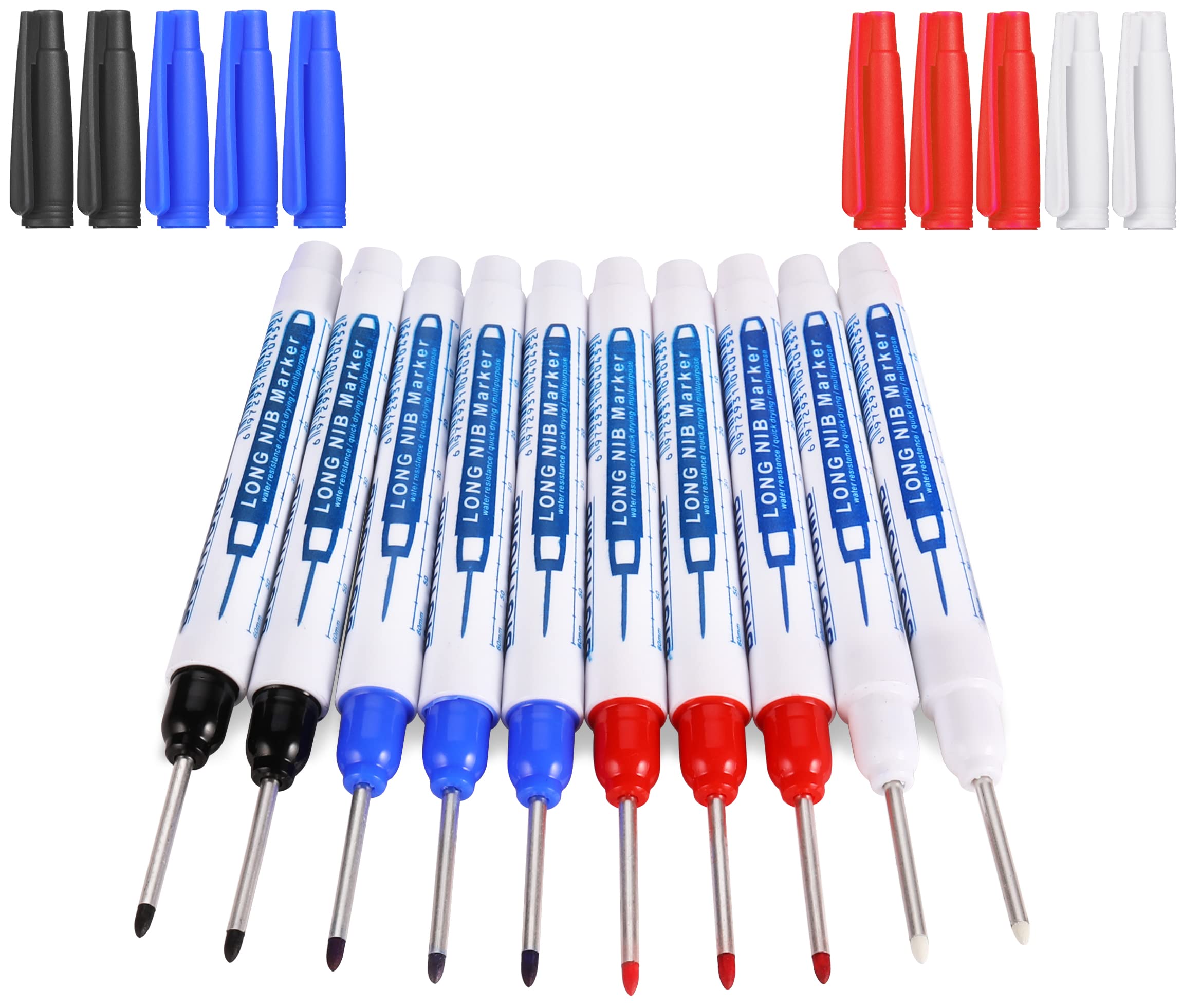 UNOLIGA 10pcs Deep Hole Marker Pens, Hole Marker Tool, Carpenters Pen, 30mm Long Tip Permanent Marker, Deep Reach Pen for Permanent Marking of Hard to Reach Areas (Black Blue Red White)