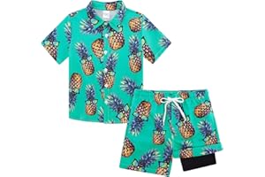 UNICOMIDEA Boys Hawaiian Outfits Tropical Print Button Down Shirt + Swim Trunks 2 Piece Sets for 5-12T Kids