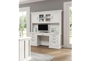 MARTIN FURNITURE Modern Wood Hutch with Doors and Desk, Storage Hutch and Credenza, Office Storage, Fully Assembled, White