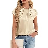 Funlingo Women's Silk Satin Blouse Summer Dressy Casual Cap Short Sleeve Tops Crew Neck Front Pleated Work Shirts